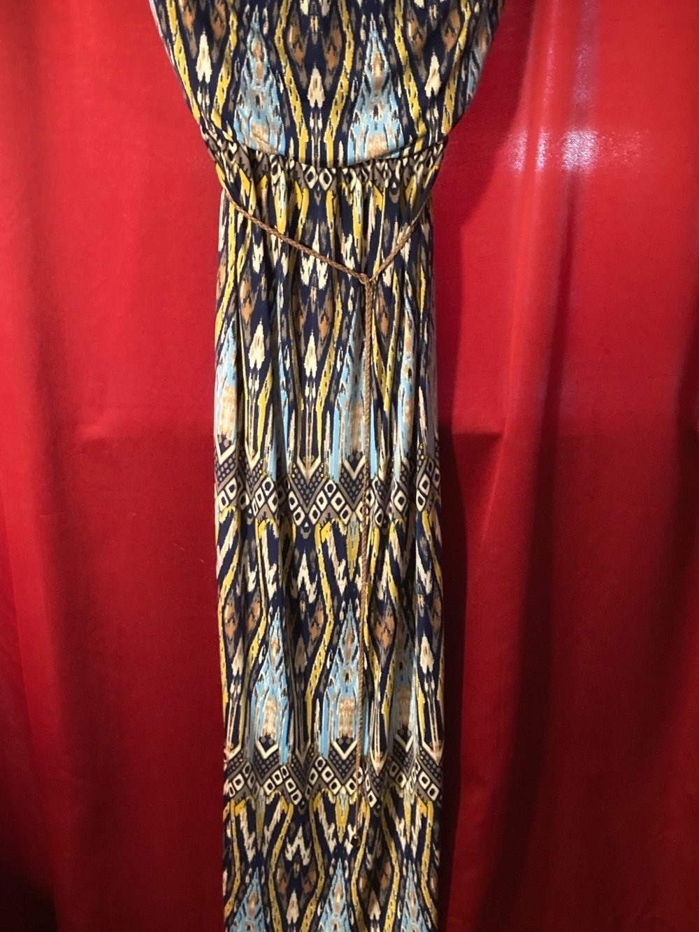 Libian Blue and Yellow Geometric Maxi Strapless Dress with Waist Tie